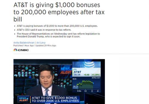 慶祝稅改 AT&T將向逾20萬員工發(fā)1000美元獎金